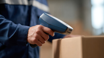 Man scanning cargo box with handheld scanner showing seizure of parcel during warehouse inspection