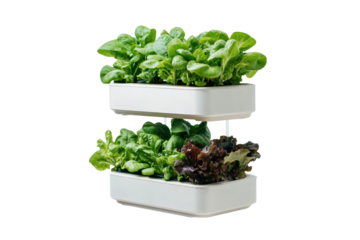 Indoor Cultivation System: A contemporary, multi-tiered system showcases vibrant, leafy greens and herbs. The clean, modern design suggests ease of use and efficient space utilization