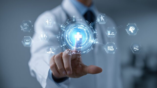 Digital healthcare concept doctor's touch activates health technology for modern medicine and well-being