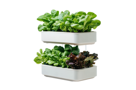 Indoor Cultivation System: A contemporary, multi-tiered system showcases vibrant, leafy greens and herbs. The clean, modern design suggests ease of use and efficient space utilization