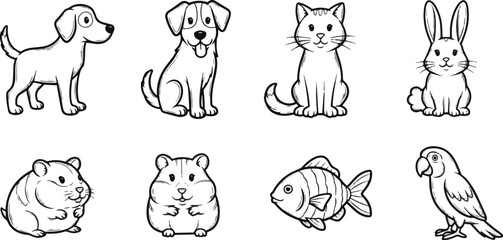 Isolated a Pet animals doodle icon set. Cute hand drawn sketch illustrations of dog, cat, rabbit, fish, hamster, parrot. cartoon art for domestic pets. Vintage marker drawing collection. vector art .
