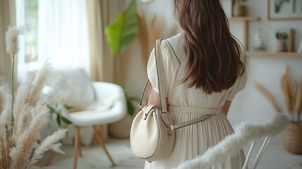 Minimalist handbag with a crossbody strap hanging on a white chair in a modern interior creating a stylish and functional accessory for everyday use