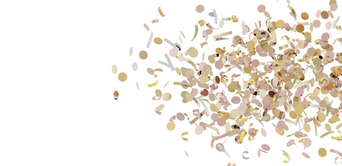 Beautiful image of rose gold confetti falling on a white background, perfect for celebrations and festive designs.
