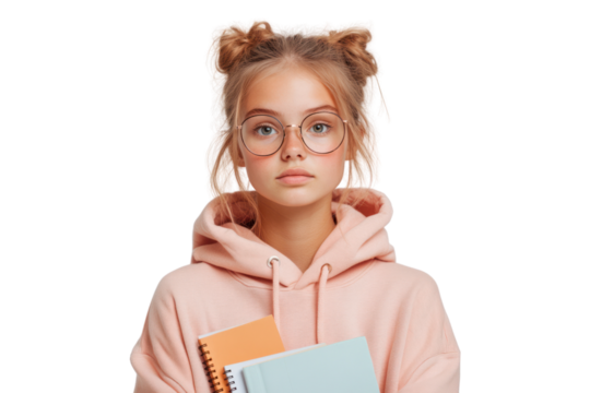 Smart Student's Gaze: A young, intelligent girl gazes pensively at the viewer, her spectacles and casual attire giving off a studious air.