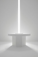 Minimalist white podium illuminated by a bright vertical light beam