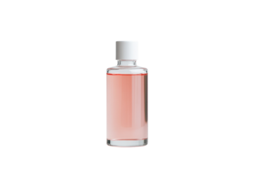 Elegant Elixir: A minimalist portrayal of a sleek, transparent bottle filled with a softly hued, rose-colored liquid, exuding a sense of purity and understated luxury.
