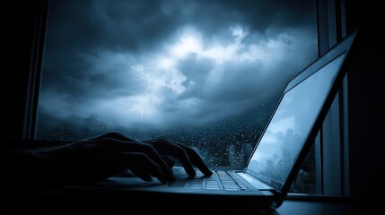 Obraz premium Nighttime Silhouette Typing On Laptop