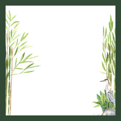 Bamboo plants and heron bird. Minimalist watercolor card template. Asian frame with space for text, perfect for invitations, greeting cards, wedding stationery, spa branding, posters, natural eco