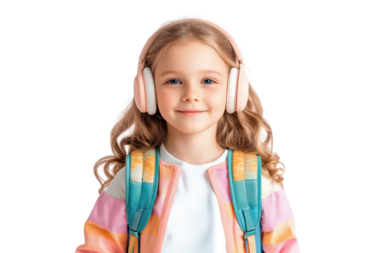Listening to Learn: A young, smiling girl with blonde hair, wearing headphones and a backpack, ready for the day ahead. It evokes themes of education, music and childhood happiness.