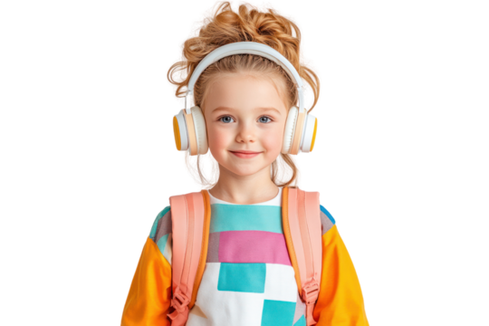 Joyful Schoolgirl with Headphones: A cute schoolgirl with a backpack wears headphones, a vision of innocent bliss. A captivating scene which shows the young lady's happy expression.