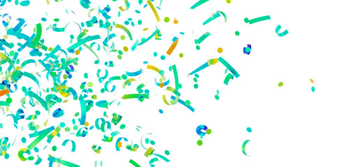 Bright teal, green, and yellow confetti on white. Perfect for party invitations, banners, and celebrations.