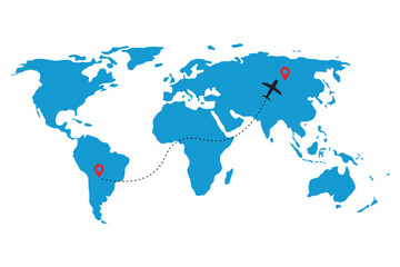Airplane flight path with red destination and dotted line. Dotted line path on world map background.
