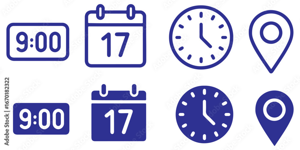 Wall mural address time date icons set. address location icon. clock icon. calendar icon. time, date and addres