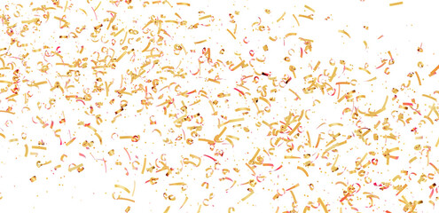 High-resolution image of golden confetti falling on a white background, perfect for celebrations and festive designs.