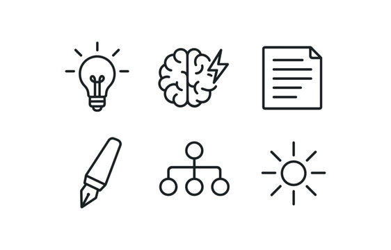 simple outline stroke icon isolated on white background: idea bulb brain spark paper note sketch pen mind map light ray