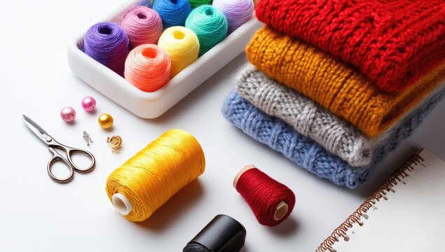 Colorful yarn, knitted sweaters, and sewing tools on white background - Powered by Adobe