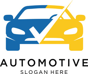 Automotive logo design, quality checkmark icon, vehicle branding symbol, blue yellow car graphic, service, inspection, approval, modern, repair, company