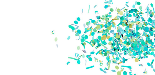 Beautiful image of teal and gold confetti falling on white background. Perfect for party invitations, celebrations, and festive designs.