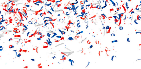 Falling confetti, red, white, and blue streamers. Perfect for celebrations, parties, and festive backgrounds.