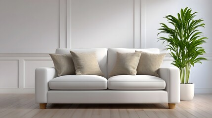 Cozy and minimalist living room with beige sofa and potted plant.