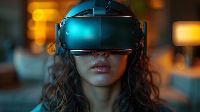 Woman immersed in VR headset, exploring virtual reality with futuristic technology and innovation
