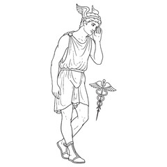 Divine Hermes Line Art – Mythical Messenger God Drawing with Trade Symbols – Hermes Drawing – Vector of Hermes – Hermes Outline – Greek God Lineart