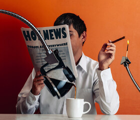 Mid adult reading newspaper with robotic assistant pouring coffee and lighting cigar