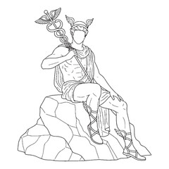 Celestial Hermes Line Art – Messenger God Drawing with Caduceus Details – Hermes Drawing – Vector of Hermes – Hermes Outline – Greek God Lineart