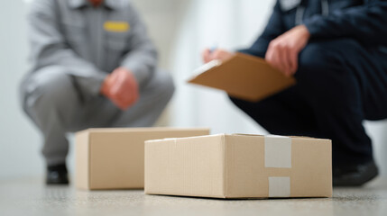 Delivery box on floor with official performing cargo inspection and seizure procedure documenting findings