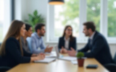 Blur office meeting blurred background with business people working group in boardroom discussion for teamwork brainstorming, executive seminar or professional training in small startup enterprise