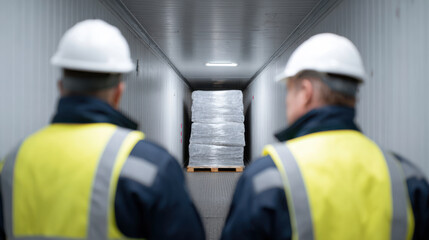 Stacked wrapped cargo pallet in cold storage with two workers observing in safety gear cargo seizure and concern visible in scene