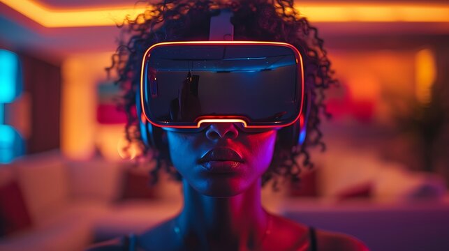 Immersive virtual reality experience with futuristic headset and neon glow