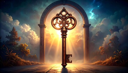 Golden key through archway to sunrise