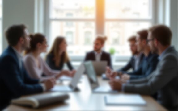 Blur office meeting blurred background with business people working group in boardroom discussion for teamwork brainstorming, executive seminar or professional training in small startup enterprise