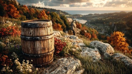 Fototapeta premium A barrel is sitting on a rocky hillside with a view of a lake. The scene is serene and peaceful, with the barrel adding a rustic touch to the landscape