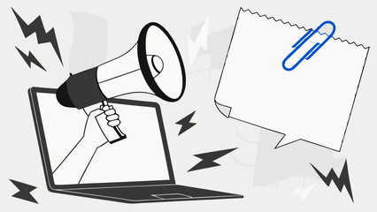 Online announcement laptop screen megaphone important message digital marketing urgent notification computer communication attention grabbing business concept social media promotion website banner we.