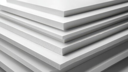 Obraz premium A 4K photo of pVC white plastic sheets stacked for construction and design applications showcasing their light weight and durability in a monochrome setting.