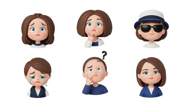 Six cartoon faces depict diverse emotions; sad, thinking, curious, and confident on a plain white backdrop