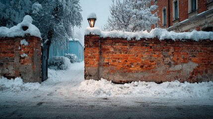 A red brick wall with snow on it and a lamp on top. The wall is in front of a building