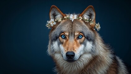 Fototapeta premium Portrait of a Mystical Creature with Floral Adornment and Intense Gaze.