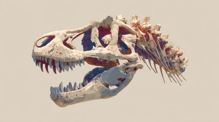 A dinosaur skull is shown in a white background. The skull is very large and has a lot of detail, including the teeth and the jaw. The image gives off a sense of awe and wonder
