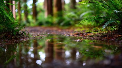 Close-up of water in the middle of a forest, a dirt path lined with ferns and trees, reflections of waterholes and pebbles on the side of the road, in a cinematic style.