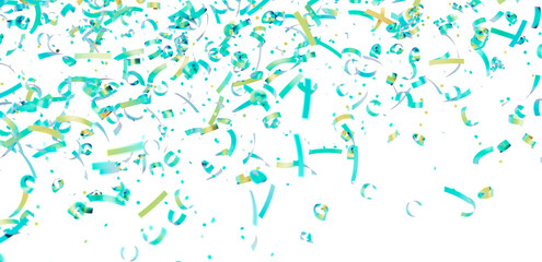 Festive confetti background featuring teal and gold streamers. Perfect for celebrations, parties, and festive designs.