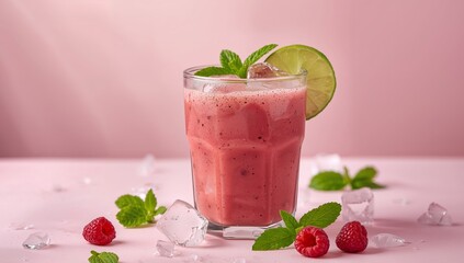 Refreshing Raspberry Smoothie with Lime and Mint Garnishes on Pink Background.