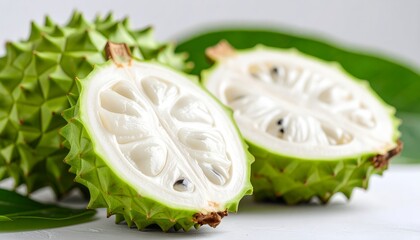 Ripe cherimoya fruit is halved, exposing its creamy white pulp on a pristine white background.
