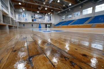 Empty basketball court with wooden flooring and blue seating.