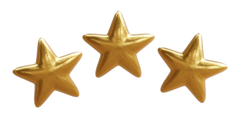Three golden stars isolated on white, transparent. Rating and ranking sign symbol