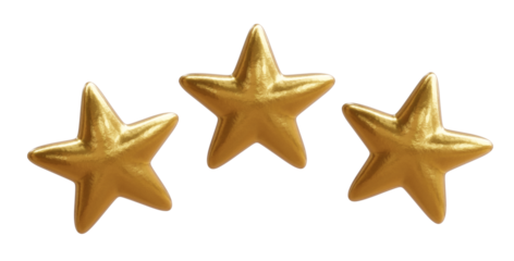 Three golden stars isolated on white, transparent. Rating and ranking sign symbol