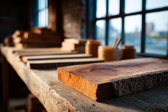 Wood planks on a workshop table in warm, natural light.