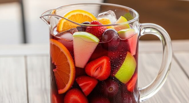 A large glass pitcher filled with a vibrant red sangria, featuring ice cubes, sliced oranges, strawberries, apples, and grapes.  The pitcher sits on a dark wood table outdoors